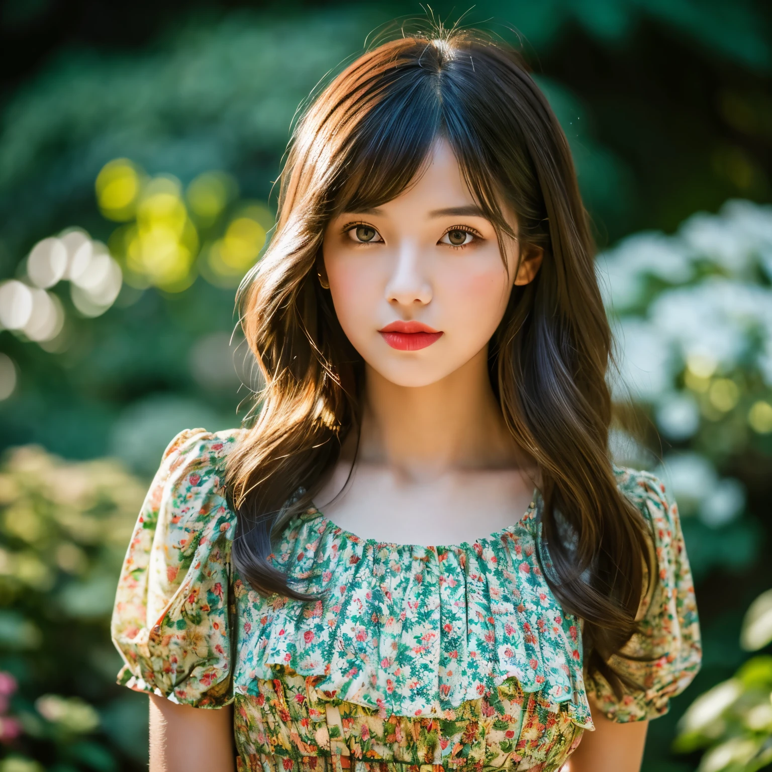short hair, mmmm, (sharp focus:1.2), photograph, attractive young woman, (beautiful face:1.1), fine eyes, luscious lips, (bold red lip color:0.85), (medium breasts:1.0), (Because I'm slender:1.2), (long hair:1.2), wearing (1980s peplum dress:1.2) in (botanical garden:1.2). (moody lighting:1.2), Depth of the bounds written, Bokeh, 4k, HDR. by (james c. Christensen:1.2|Jeremy Lipking:1.1).