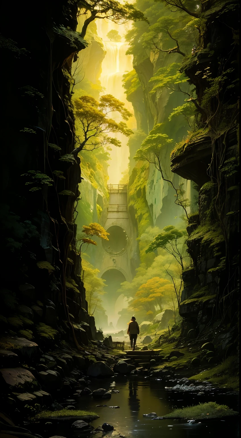 Golden Leaf Gorge, two walls of vegetation on both sides of the canvas, gold and black fall colored vegetation, grandiose structures in the lighter golden yellow background, Golden Mythical Landscape, Golden color scheme only, Golden colors only, Golden, Made in Abyss, Stormlight Archive, Studio Ghibli, Anime Key Visual, by Makoto Shinkai, Deep Color, Intricate, 8k resolution concept art, Natural Lighting, Beautiful Composition, Xianxia style