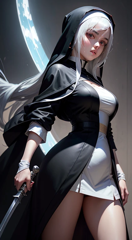 A anime drawing white-haired and black-robed nun with holding  a  big sword , Guviz-style artwork, billie eilish as a sad nun, nun fashion model, billie eilish as a nun, nun, guweiz masterpiece, Ross Tran 8 K, Guweiz on ArtStation Pixiv, majestic saint woman, Guweiz in Pixiv ArtStation，Liu Yifei