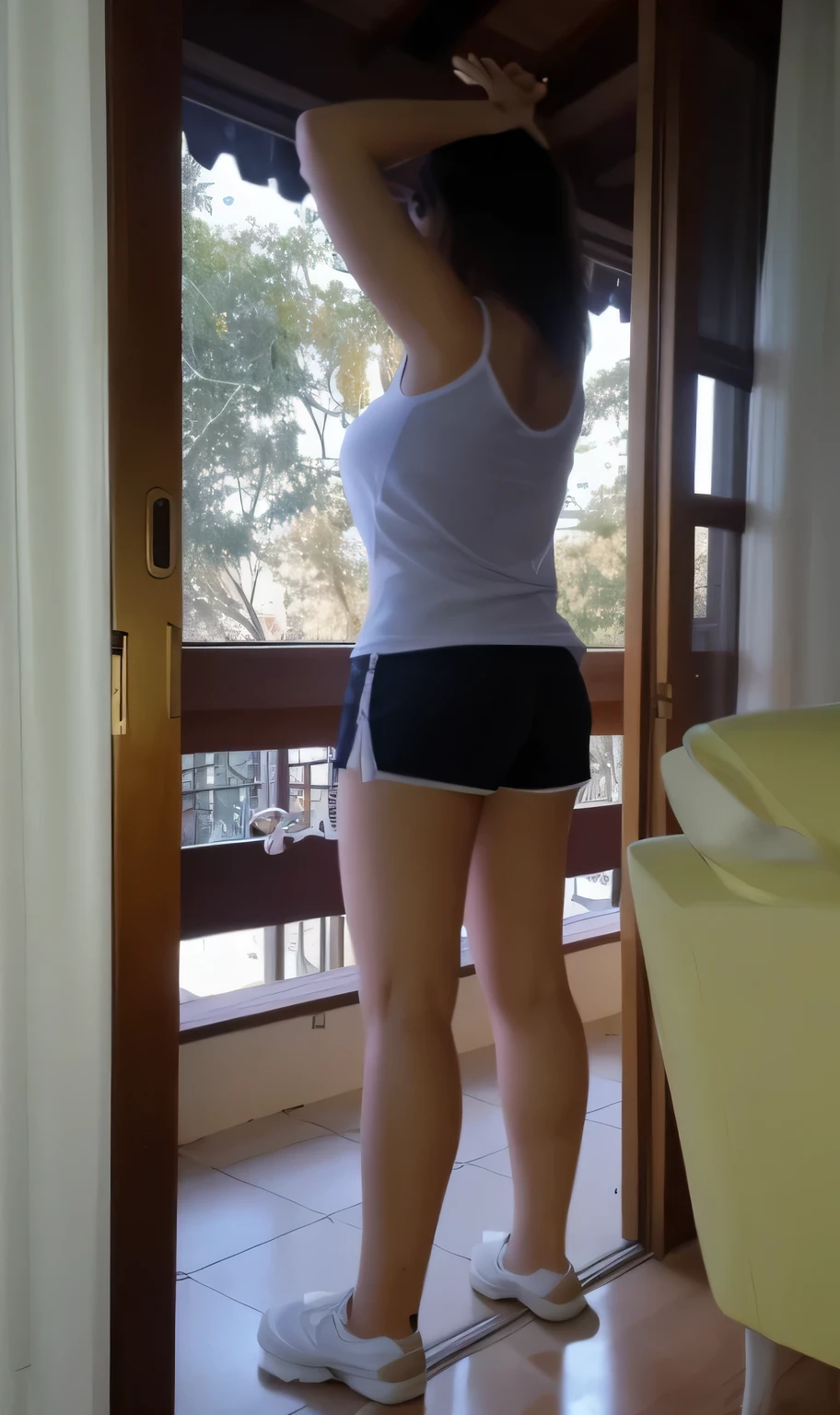 There is a white woman standing on a balcony, in a room, in very short and tight shorts, side photo, shot from the back, thighs exposed!!!, photo of the waist, wide photo of the full body, photo taken from behind, fitted photo, plump thighs, in good physical shape, fitness, high quality photo, high resolution, masterpiece, 8k.
