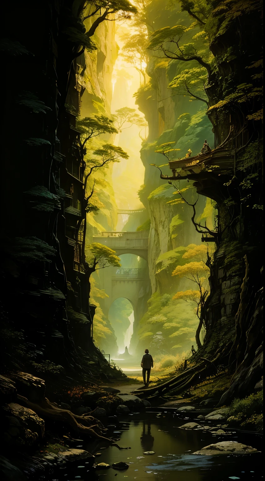 Golden Leaf Gorge, two walls of vegetation on both sides of the canvas, gold and black fall colored vegetation, grandiose structures in the lighter golden yellow background, Golden Mythical Landscape, Golden color scheme only, Golden colors only, Golden, Made in Abyss, Stormlight Archive, Studio Ghibli, Anime Key Visual, by Makoto Shinkai, Deep Color, Intricate, 8k resolution concept art, Natural Lighting, Beautiful Composition, Xianxia style