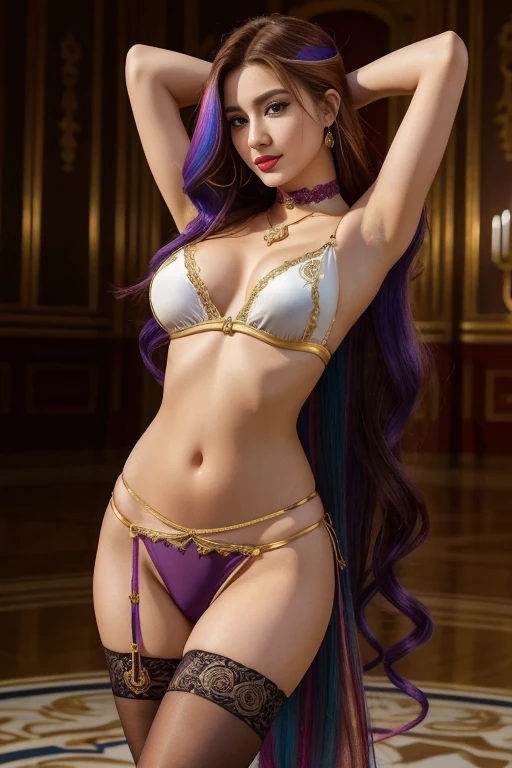 (((Colorful hair, [brown hair]))), Ultra-realistic 8k CG, picture-perfect face, flawless perfection, Clean, tmasterpiece, professionalartwork, famousartwork, the perfect face,(young:1.2),((20yr old)), pretty face, pretty eyes, (((Perfect female body, Willow waist))), Young belly dancer, inside a royal palace), fanciful, belly dancer sexy costume，Beautiful outfit, Lace, Lace edges, Lace-trimmed tights, NSFW,, Ridiculously long hair, Very long hair, (Rich:1.4), choker necklace, 耳Nipple Ring, bangle, armlets, view the viewer,(Tong:1), (Hands have up to five fingers), (Redlip)