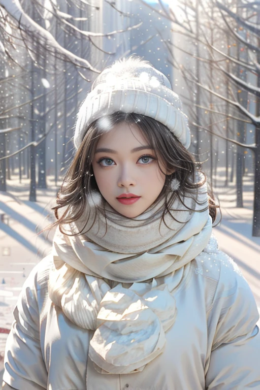 winter outfit, (detailed eyes), girl posing for a photo, Perfect proportions, medium chest, The sunlight filters through the trees, Definition and sharpness of textures, White balance, (snowing in winter background:1.8), (Photorealistic:1.4), (Highly detailed), (high resolution), (Best quality), (masterpiece)