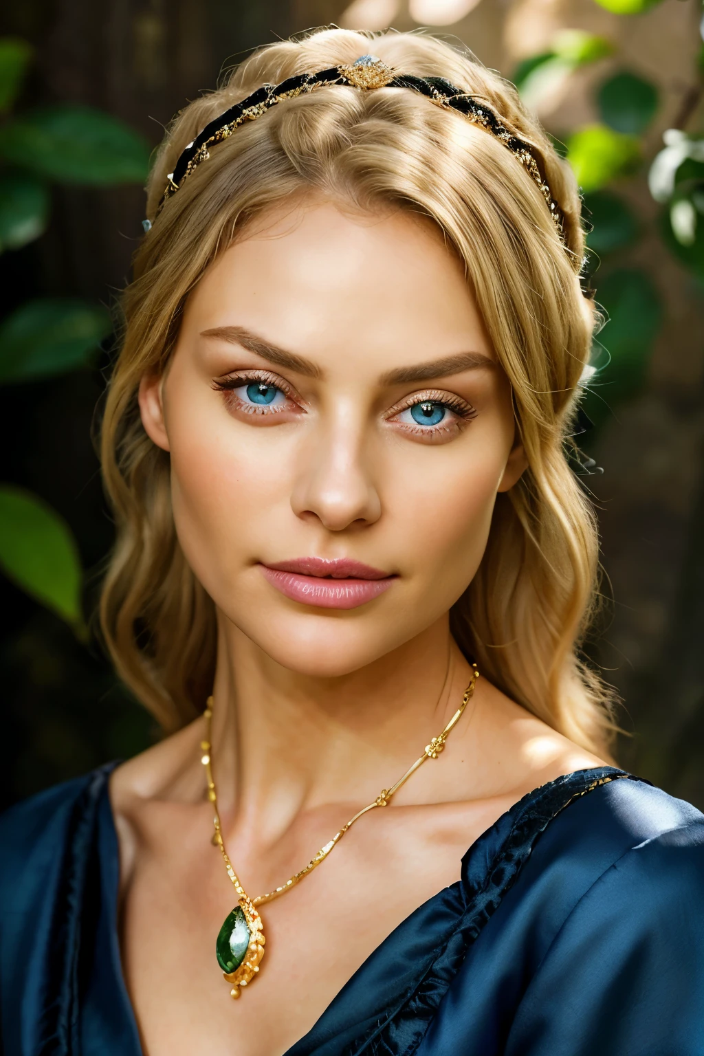 Beautiful blonde woman in middle age, elegantly clad in a 14th-century dress, exudes timeless grace and charm. With cascading golden locks framing her face, her natural facial features radiate wisdom and beauty. Her deep blue eyes, shimmering with intelligence, are accentuated by intricately woven headdress adorned with precious gems. The high-resolution image, meticulously captured in the best quality, reveals exquisite details of her age-defying complexion and textured dress, showcasing the masterful art of photorealistic painting. This captivating portrait transports us back in time, allowing us to fully appreciate the splendor of