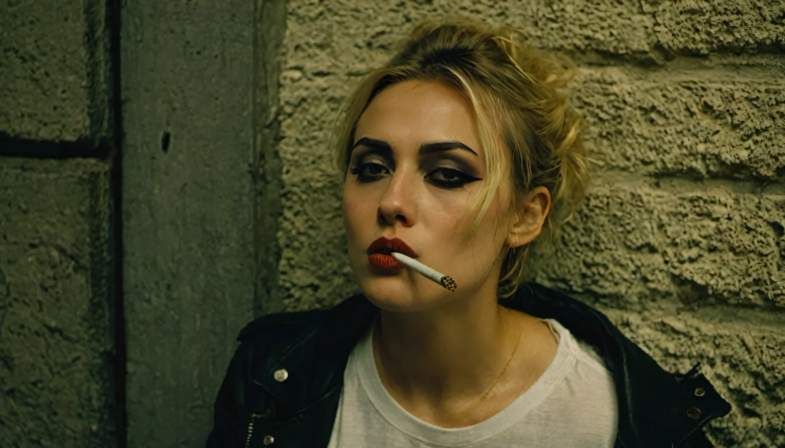 Raw, film grain effect, at night, young woman, of slavic decent, sharp jaw, dark eyeliner, winged eyeliner, blonde hair, she is smoking a cigarette: 1.0, cigarette is hanging out of her mouth: 1.0, dried blood from her nose: 1.2 , wolf cut hairstyle: 1.5, aesthetically messy hair: 1.8, she's wearing a white stained t-shirt: 1.0, she's wearing skinny ripped black jeans: 1.5, she's wearing black casual boots: 1.2, she's relaxed, she's sitting down with her back against a wall, dark outside: 1.5, warm orange glow from street light: 1.5, downwards facing light source: 1.8, solid concrete wall behind her: 1.5, empty street around her: 1.9, extremely detailed, highly detailed, high quality, masterpiece, 4k, 8k, full sharp, realistic