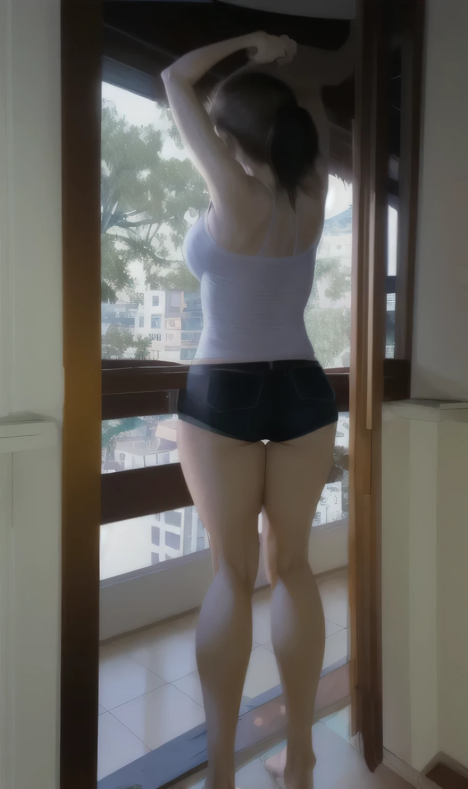 There is a white woman standing on a balcony, in a room, in very short and tight shorts, side photo, shot from the back, thighs exposed!!!, photo of the waist, wide photo of the full body, photo taken from behind, fitted photo, plump thighs, in good physical shape, fitness, high quality photo, high resolution, masterpiece, 8k.