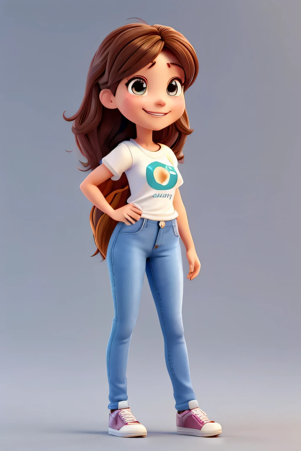 3D Character,3d rendering of a cute anime girl,8k,A young and successful Brazilian businesswoman,about 28 years old,animation character,Aurora Arruda,Aurora will be smiling,beautiful 3d rendering,Best quality,brown hair that reaches her waist,Cartoon character,Casual pose,character 3d render,character in her natural pose,character rendering,cheeky smile,cute character,Disney style,female character,female protagonist,full body,full body character drawing in the style of 3D Art,headshot profile picture,highly detailed character,pointing to the left,insane smile,largely smilling,laughing huge smile,Pixar style render illustration,Posing for photos,promotional rendering,pure white color background,She is a young woman,she is smiling,Smiling female,smiling happily at the camera,straight,Stylized 3d rendering,Super Detail,toon rendering screenshot,very big smile,very happy,wearing jeans and white t-shirt,wearing sneakers,white skin,work of art,young wonn with a huge smile