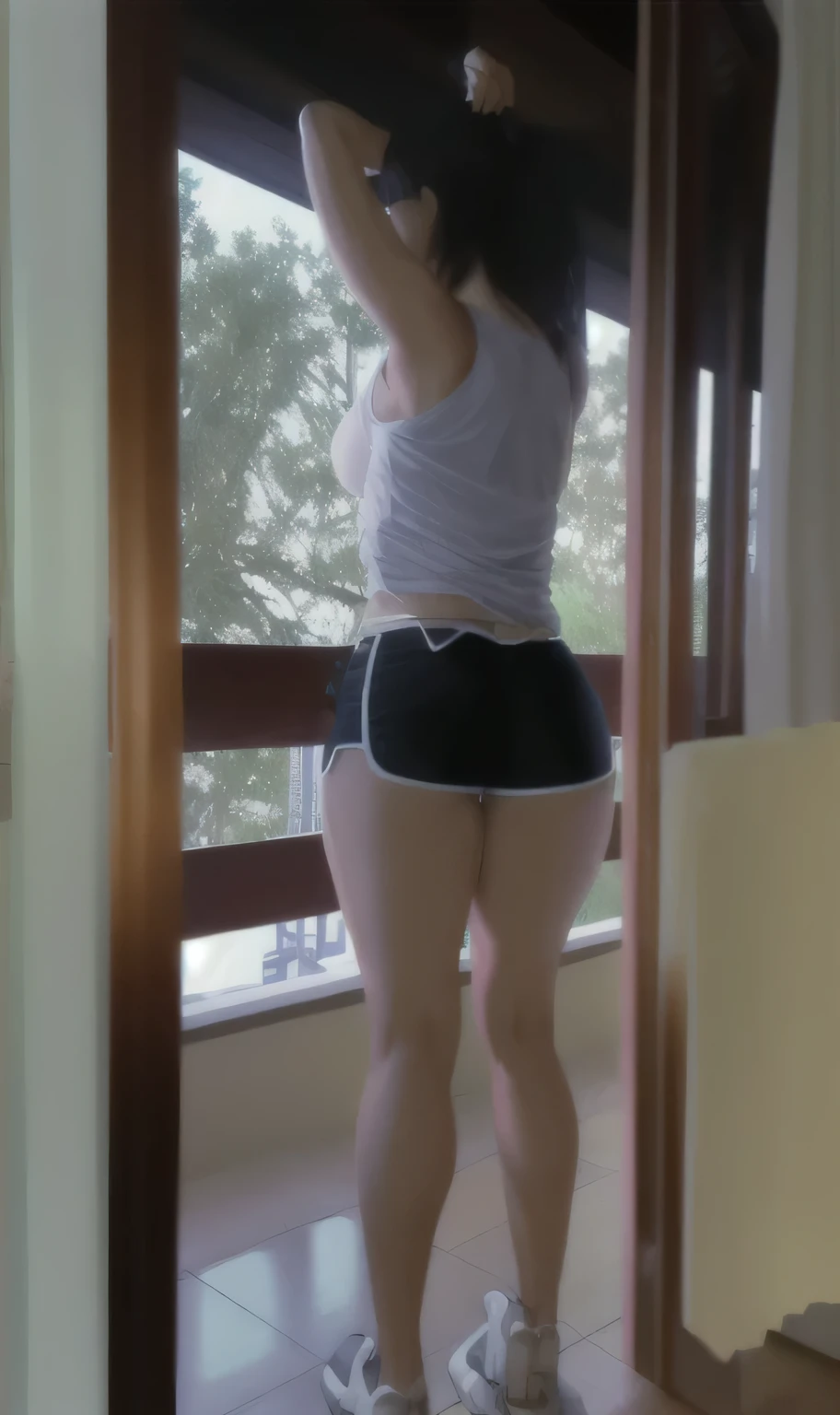 There is a white woman standing on a balcony, in a room, in very short and tight shorts, side photo, shot from the back, thighs exposed!!!, photo of the waist, wide photo of the full body, photo taken from behind, fitted photo, plump thighs, in good physical shape, fitness, high quality photo, high resolution, masterpiece, 8k.