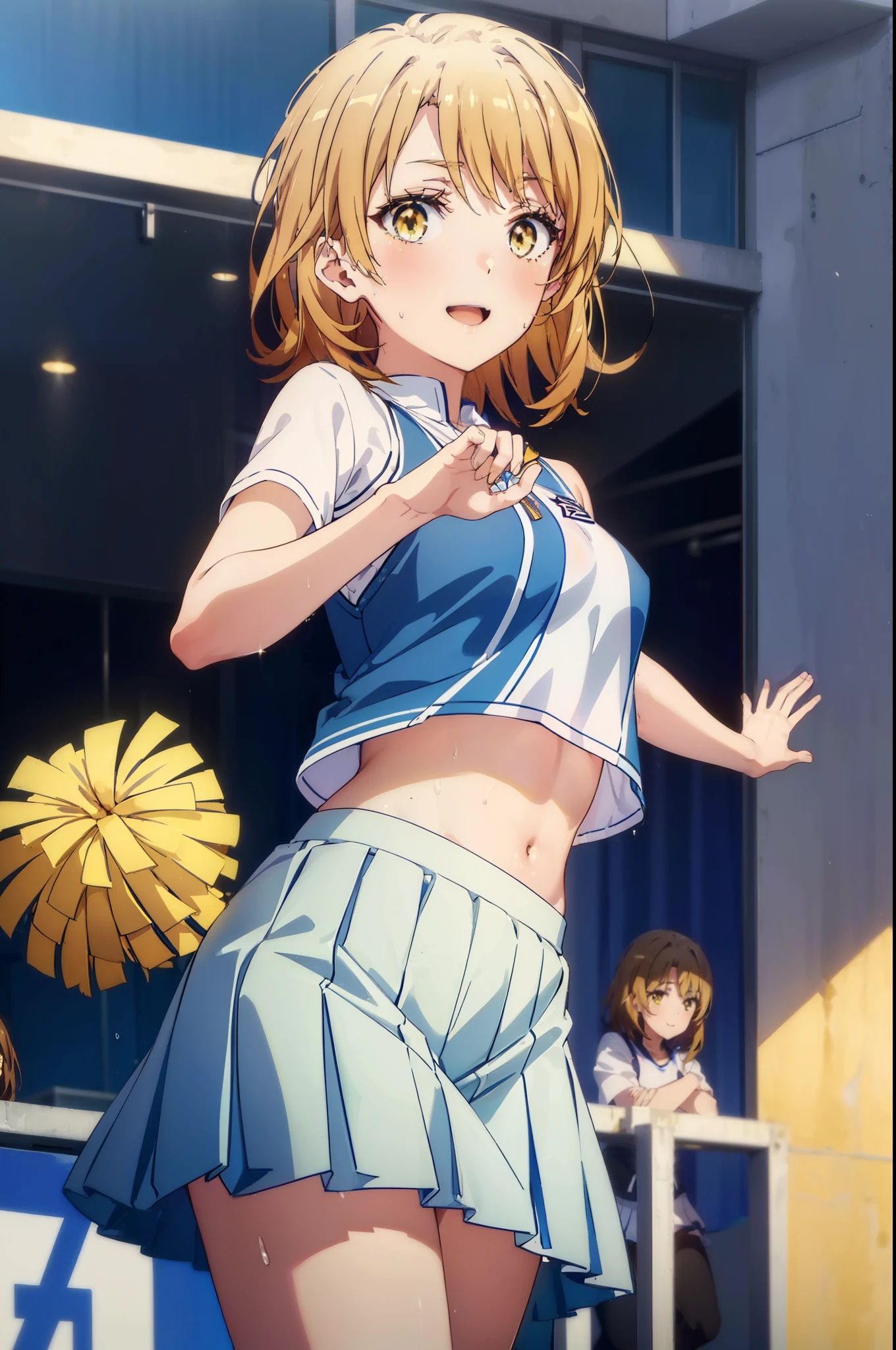 irohaisshiki, iroha isshiki, short hair, brown hair, (brown eyes:1.5), smile,happy smile, smile, open your mouth,(cheer leading), (whole body), big breasts, lower, (sweaty), sweaty Wet Clothes, (yellow clothes),Yellow pleated skirt,sneakers , Navel support, playground, (jump), (jump), 足を曲げてjumpする, air, blue sky, Grass原, smile
チアリーダー, pom pom \(cheer leading\), Grass, smile, 
break outdoors,stadium,
break looking at viewer,(cowboy shot:1.5),
break (masterpiece:1.2), highest quality, High resolution, unity 8k wallpaper, (figure:0.8), (detailed and beautiful eyes:1.6), highly detailed face, perfect lighting, Very detailed CG, (perfect hands, perfect anatomy),