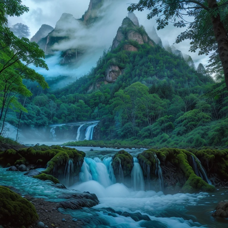 mountain range in the background, forest with exuberant species of trees further ahead, watercourse with waterfalls, photography, wide-angle lens, blue light, a little fog