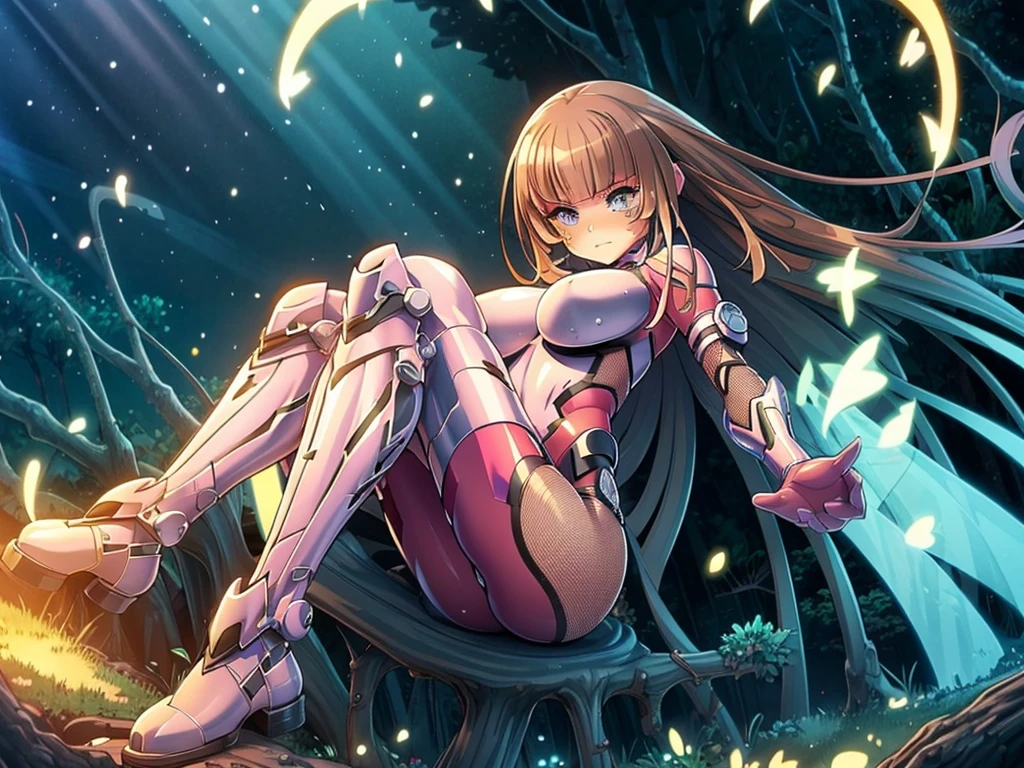 see-through thong leotard, full body, magical night forest scene, fireflies everywhere, training with worn out clothes and some tears , realistic, 3D, best quality, masterpiece, taimanin,