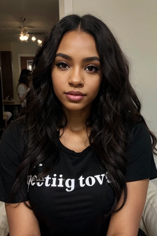 A beautiful black woman with long curly hair, wearing eyeliner and lip gloss, wearing casual