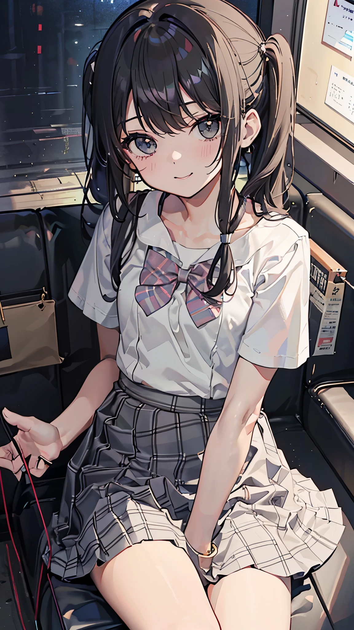 (8K、Highest image quality、highest quality、masterpiece)、detailed face、((1 girl))、black hair、twintails、gray eyes、evil smile、small breasts、((serafuku))、short sleeve、((mini skirt))、cowboy shot、sit、pinsalo, scenery, fence, couch, indoors