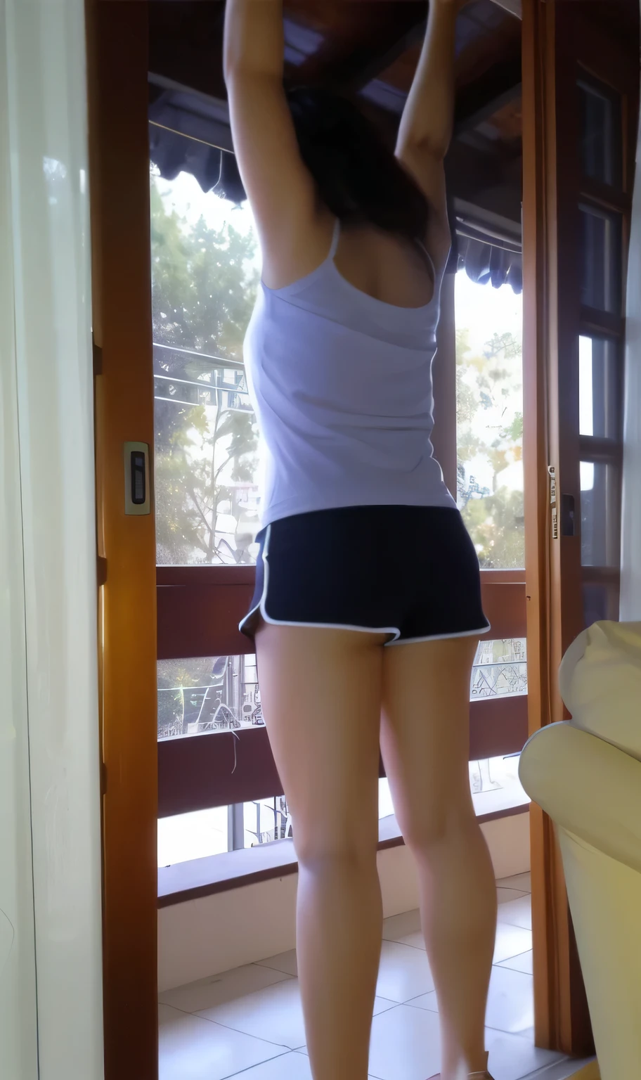There is a brunette woman standing on a balcony, in a room, in very short and tight shorts, side photo, shot from the back, thighs exposed!!!, photo of the waist, wide photo of the full body, photo taken from behind, fitted photo, plump thighs, in good physical shape, fitness, high quality photo, high resolution, masterpiece, 8k.