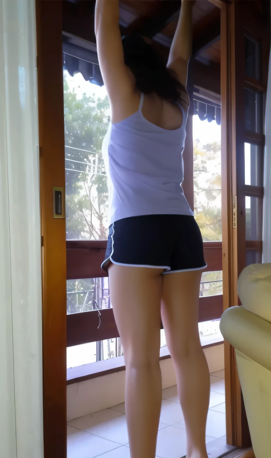 There is a brunette woman standing on a balcony, in a room, in very short and tight shorts, side photo, shot from the back, thighs exposed!!!, photo of the waist, wide photo of the full body, photo taken from behind, fitted photo, plump thighs, in good physical shape, fitness, high quality photo, high resolution, masterpiece, 8k.