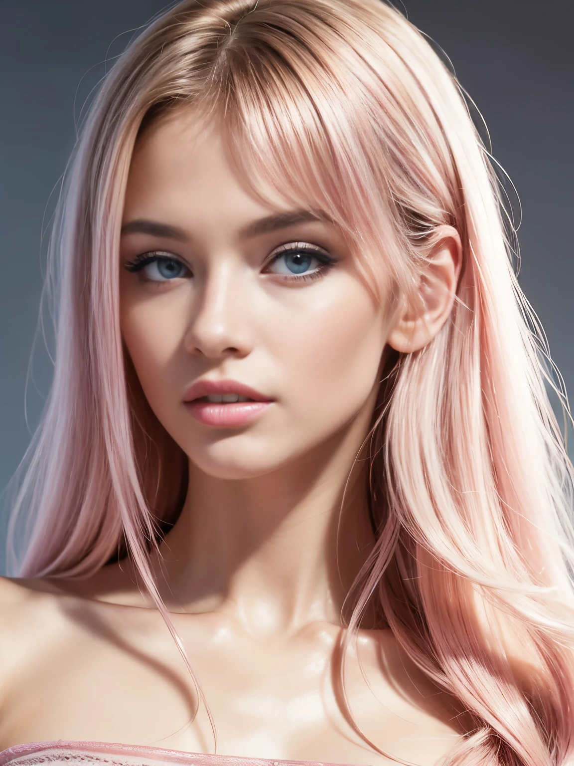 Ultra realistic, tan, pink hair, gorgeous young women model,  perfect body and perfect nose, eyes and lips