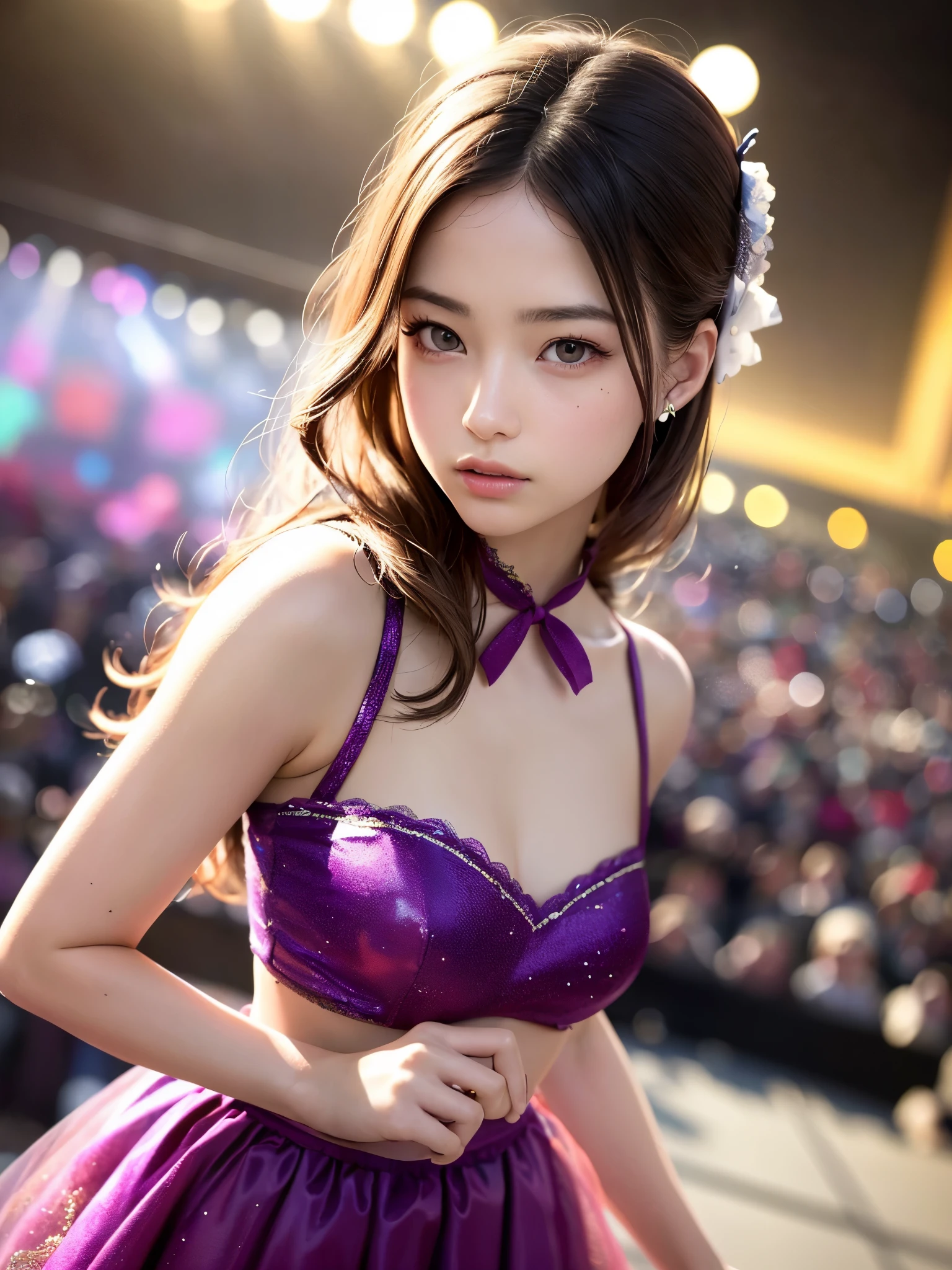128,000 Female Models , Huge breasts, eye, ((Long Hairstyles)), High resolution , Upper Body, No background, Studio Lighting , ((Royal gold shiny random dress,Hierarchical Layers,Underbust)Headdress made from hair, A bow tie, Multicolor pleats (This beautiful woman in bright purple、, Patterned Dress) In bright colors