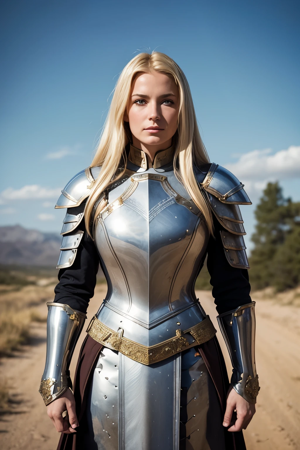 Best quality, high resolution, Masterpiece: 1.3,
Blonde warrior in middle age, 14 Century, dress,
Detailed historical armor, intricately designed,
Middle-aged blonde woman, fierce and powerful,
14th century Europe, knight in blonde tresses,
Realistic portrayal of the warrior's figure,
Full-length, dressed in authentic armor,
Polished metal complements her golden hair,
Highly detailed armor plates, straps, and buckles,
Layered clothing underneath, revealing broad shoulders,
Authentic textures and colors, allowing for a believable display,
Historical accuracy in