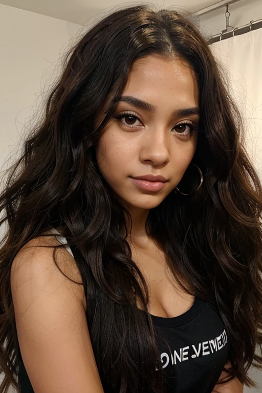 A beautiful mixed race girl with long curly hair, with brown skin and hazel eyes wearing black . She has light makeup on her face. The photo was taken in the studio of an Instagram influencer in the style of an Instagram influencer.