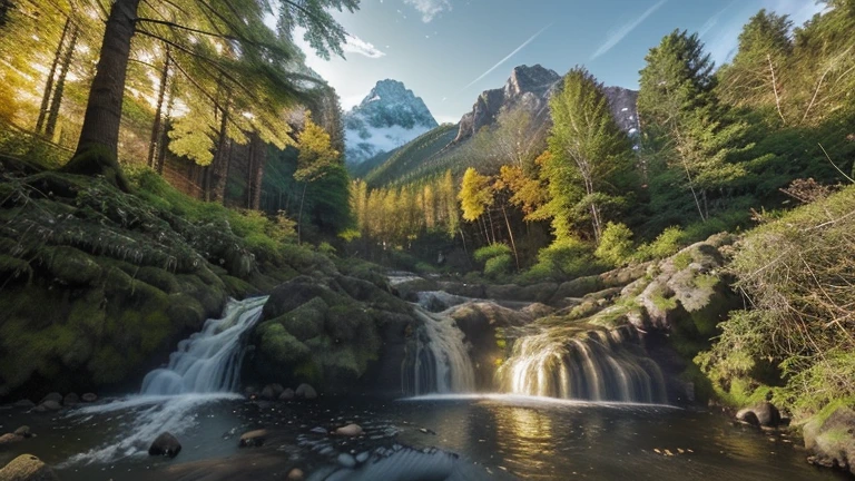 mountain range in the background, forest with exuberant species of trees further ahead, watercourse with waterfalls, photography, wide-angle lens,, golden hour of the day light, light reflections between vegetation