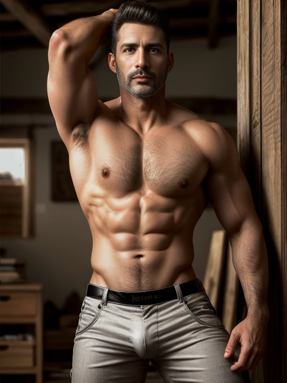obra maestra, Mejor calidad, high resolution, primer retrato, enfoque masculino, enfocarse solo, un hombre, 40 years old, with Obrero uniform, Obrero, pelo gris plateado, peinado desordenado, cara linda y seductora, Pecho desnudo, el vello corporal, vello facial, nariz romana, cuerpo muy delgado, Piernas peludas, hoyuelos, barba, bold jaw , in the background a construction site, HDR, ultra calidad, elegant, muy detallado, cuerpo completo, sin camisa y de espaldas. Hombre naked con pantalon