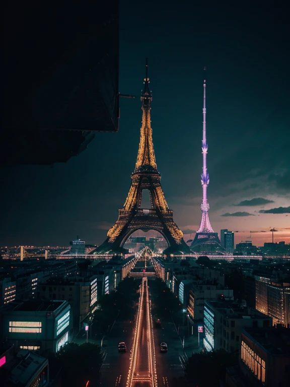 a close-up of a city with a large building and ((( the real Effeil tower in the background in the center))), inspired by Liam Wong, cyberpunk art style, lofi art, in the style of Laurie Greasley, neo tokyo background, inspired by Kilian Eng, by Kilian Eng, art deco outrun anime aesthestic, cyberpunk illustration, cyberpunk themed art, jen bartel, Art by Alena Aenami