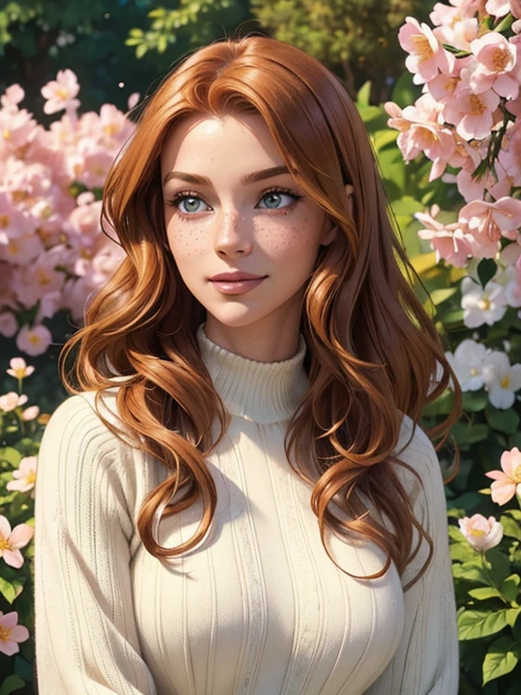(best quality,ultra-detailed,realistic:1.37),vibrant colors,dreamlike lighting,portrait,warm tones,film grain,ginger hair,freckles,gorgeous smile,sparkling eyes,soft skin,lovely face,curly hair flowing,wavy locks,black leather pants,light beige sweater,stylish outfit,flawless complexion,natural beauty,confident pose,expressive eyes,gentle and graceful,subtle makeup,standing in a garden,flower blossoms in the background,gleaming sunlight,serene atmosphere,ethereal beauty,graceful and feminine,harmonious color palette,professional photography,perfect composition