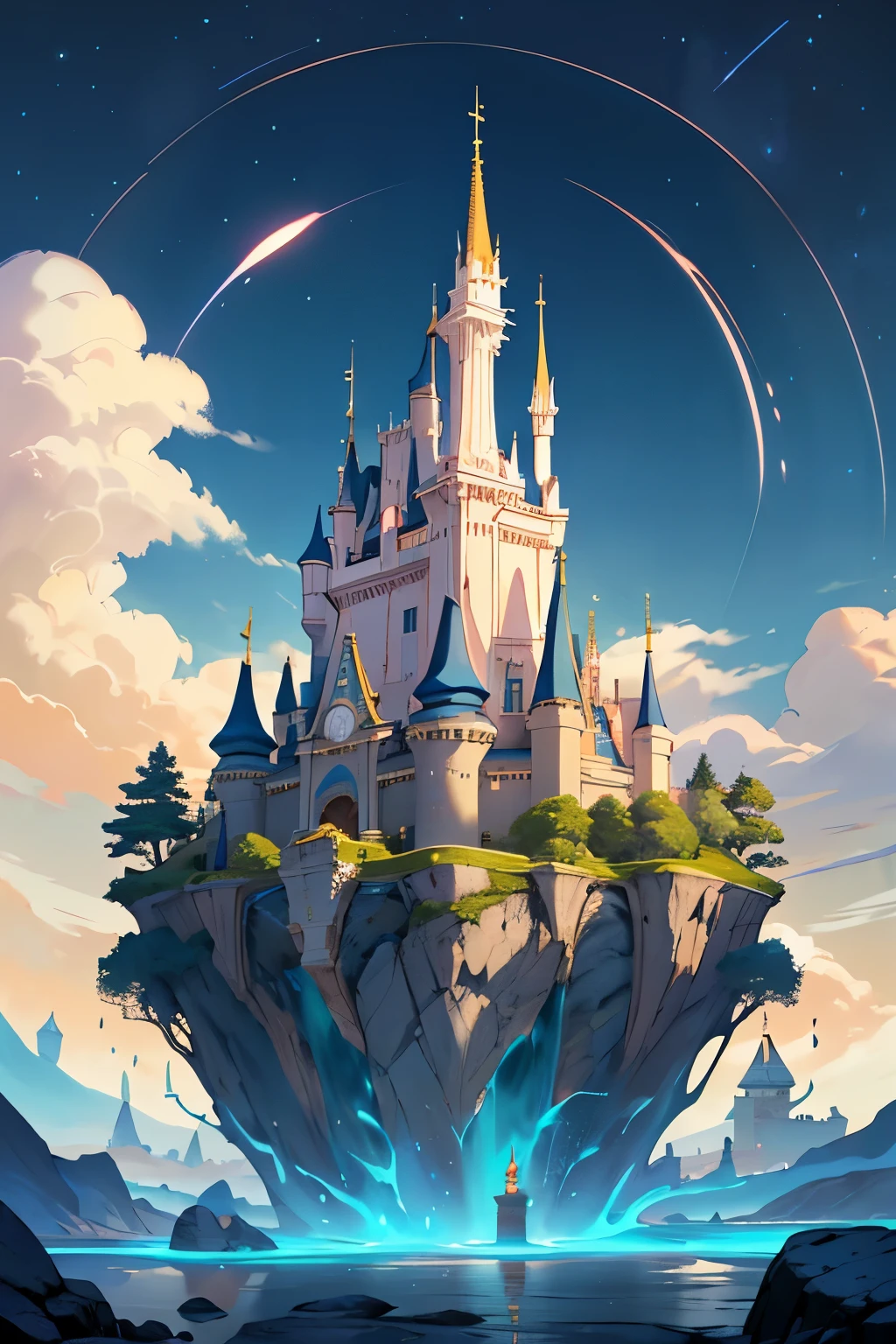 Cria uma imagem mostra um castelo estilizado inspirado na arquitetura da Disney, dividido ao meio para exibir dois temas .
Metade dele um castelo das trevas, where there is lava and death and the other half an enchanted castle, onde existe fadas e o mundo encatado