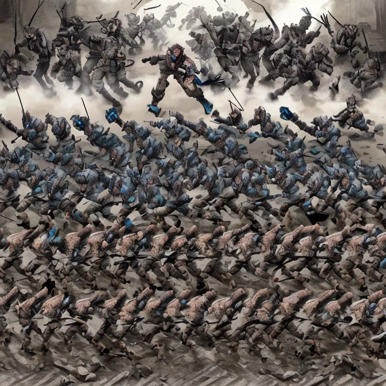 A battalion of armed humans having a battle against a pack of werewolves