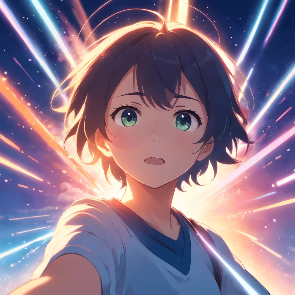 Big, Soft gradients, Anime style，boy，movie light effect，colorful，Raise your arms above your head，white face