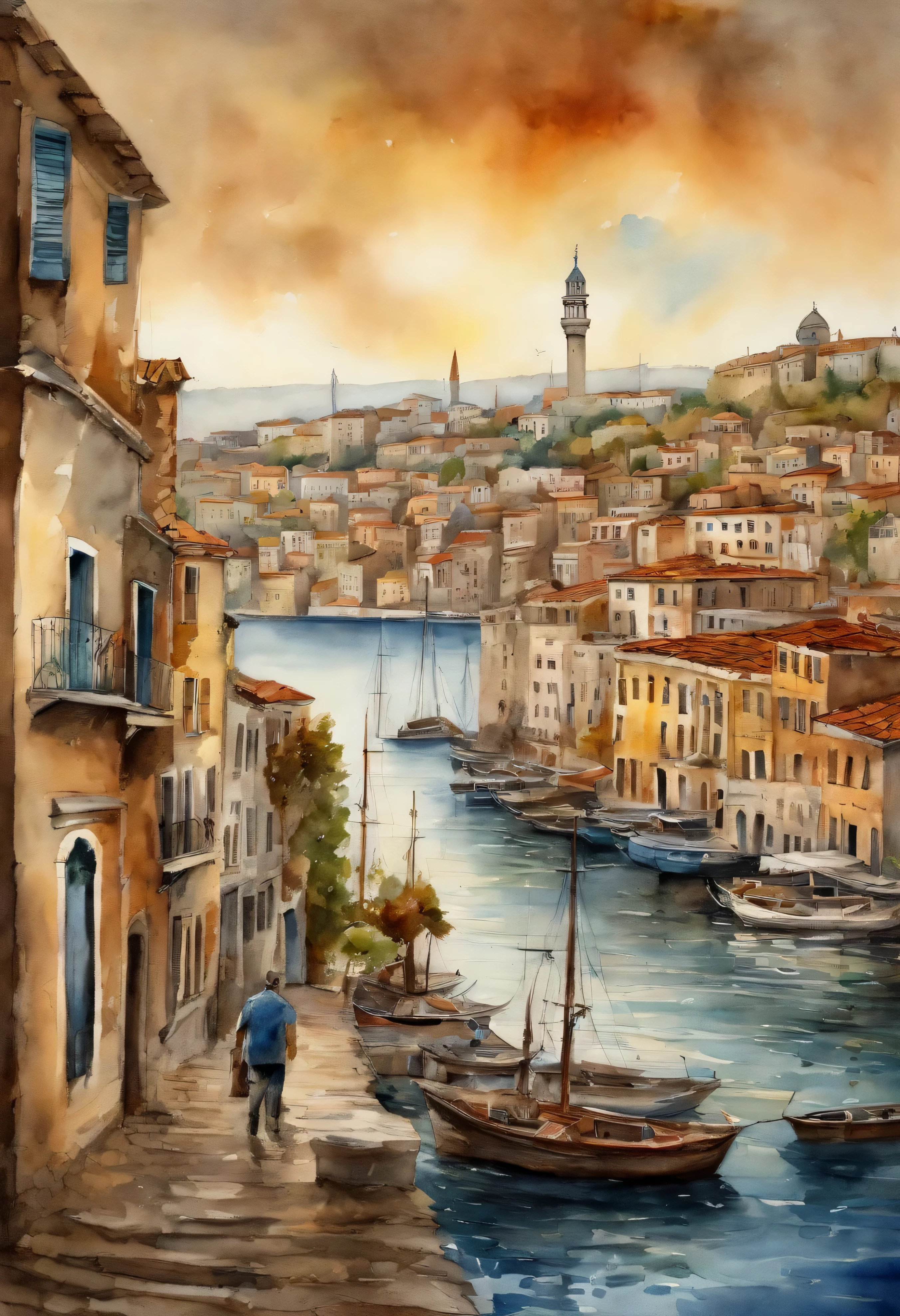 Port of Galata and beautiful view of the Bosphorus in style by Jean Paul Croquineur. Barcos, nubes, acuarela, Architectural drawing, clausura, Vista frontal con plano, pluma, [color de tinta], tonos sucios, coloreado