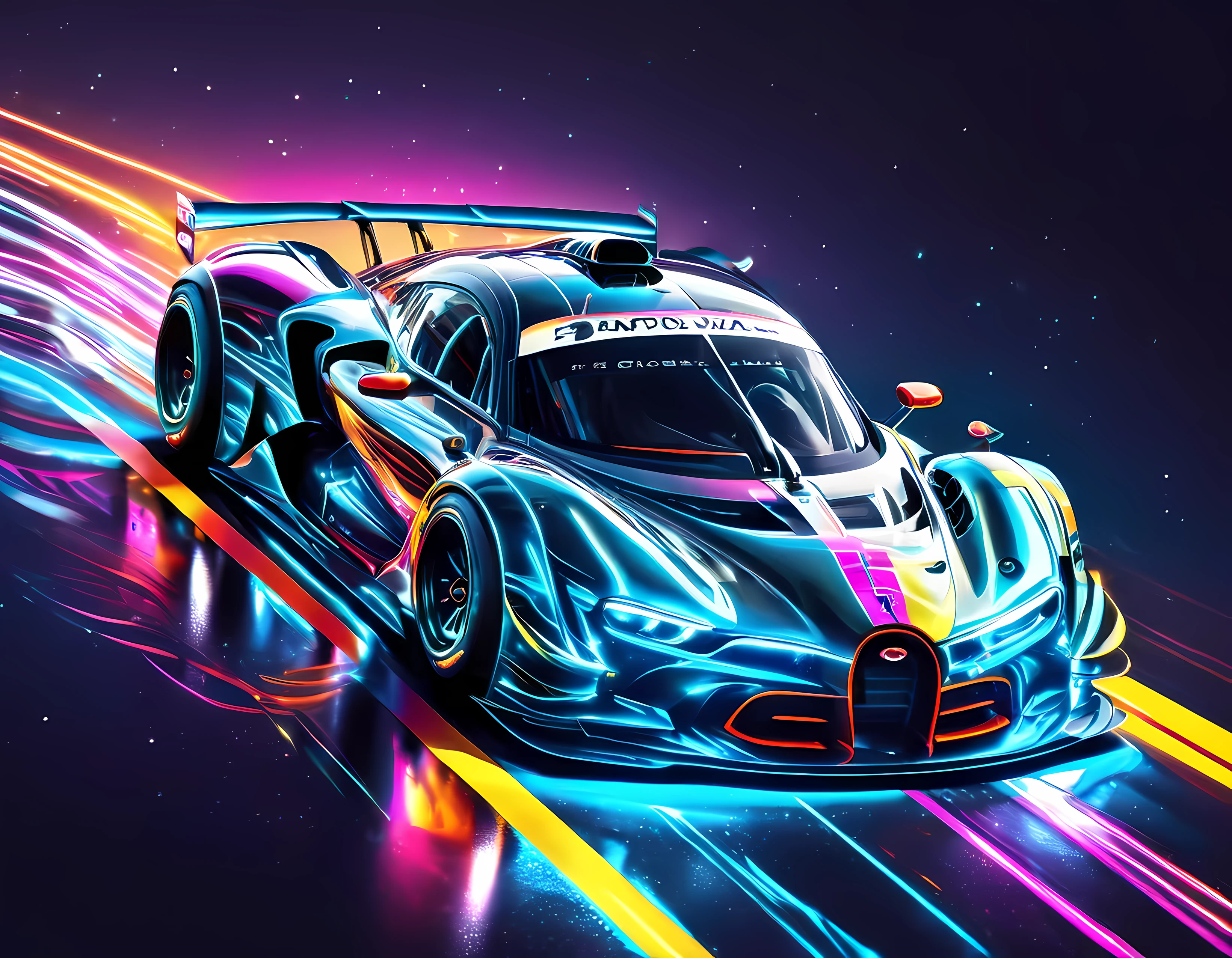 Capture the thrilling moments of a sophisticated racing car racing through a vibrant circuit field. Each line and curve of the car's aerodynamic body is meticulously rendered with photorealistic detail. The circuit field is It comes alive with rich contrasting colors and casts long, dynamic shadows over the track. When you focus on the shiny metallic car body, the metallic light reflects coldly, creating an exhilarating sense of speed. The realistic masterpiece of the wind blowing through the circuit field is a top-notch masterpiece that is a must-see for race fans.,rich colors,rendering,cast colorful spells,beautiful halation effect,racing car,structurally correct,colorful,cool,Highest,masterpiece,Highest quality,hologram,neon lines,Powerful,Highest composition