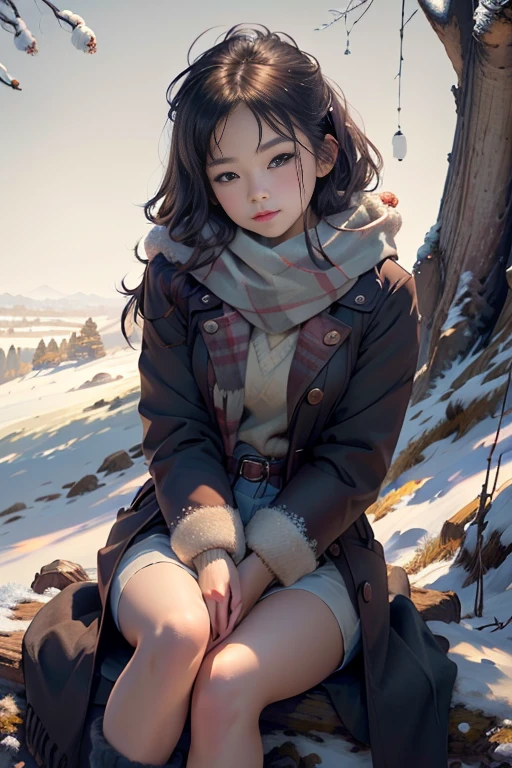 Sweet girl winter outfit, (detailed eyes), girl posing sitting for a photo, Perfect proportions, medium chest, extra cuteness to her appearance, Definition and sharpness of textures, White balance, Full Body Shot, under a tree on a hill, (winter background:1.8), (Photorealistic:1.4), (Highly detailed), (high resolution), (Best quality), (masterpiece)