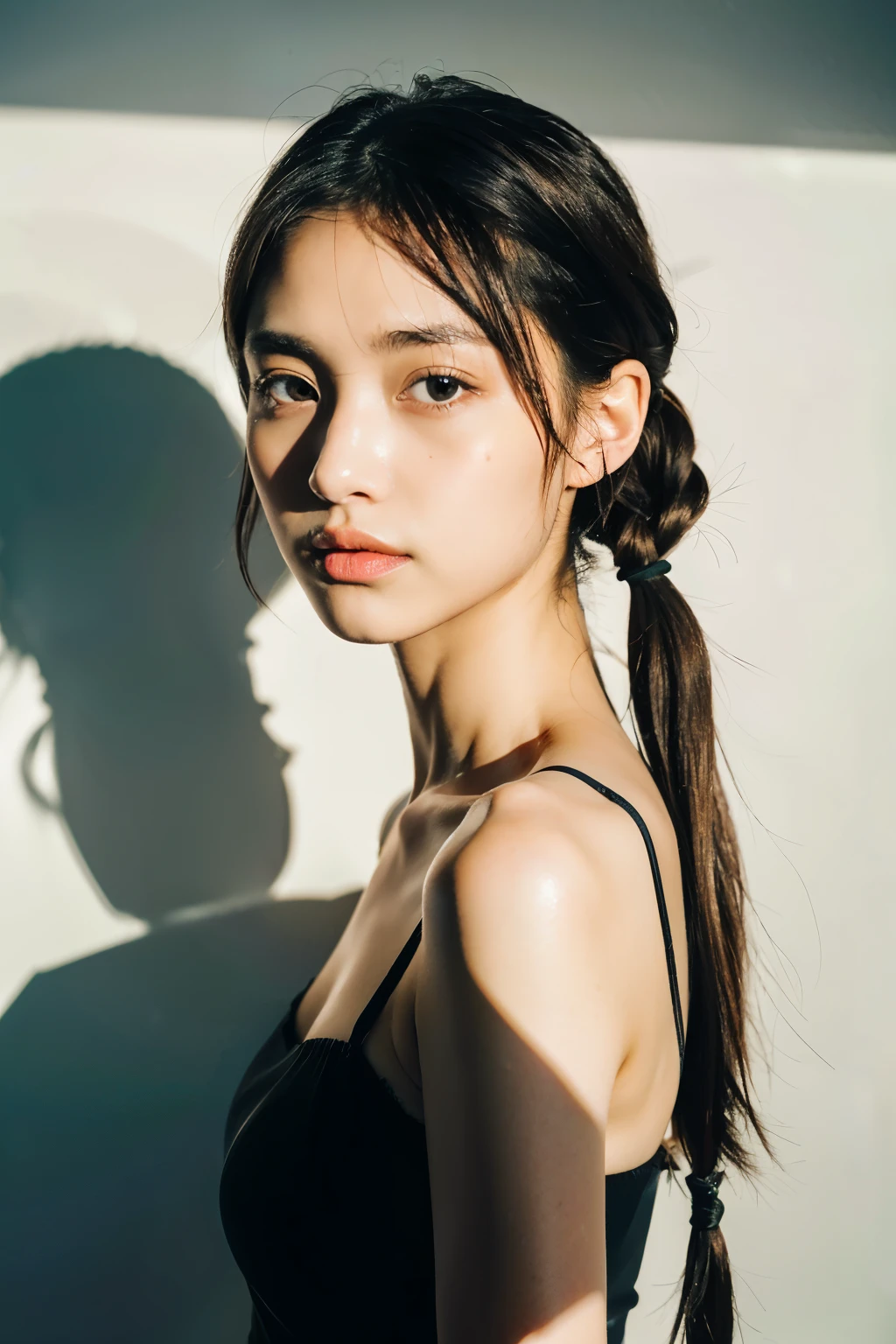 (masterpiece:1.3),(8k, photorealistic, RAW photo, best quality:1.4),(japanese:1.1),1girl,beautiful face,(realistic face),beautiful hairstyle,pigtails,realistic eyes,beautiful detailed eyes,(realistic skin),beautiful skin,attractive,ultra high res,ultra realistic,highly detailed,(slim:1.4),(slender:1.4),(full_shot:1.5),
BREAK
wearing camisole,minimalistic,simple room,model pose,
BREAK
(film grain:1.2),(analog film:1.1),(soft lighting:1.5),(cinematic shadow and highlight:1.4),(simple background:1.6),(interplay of light and shadow:1.2),(artistic composition:1.6),