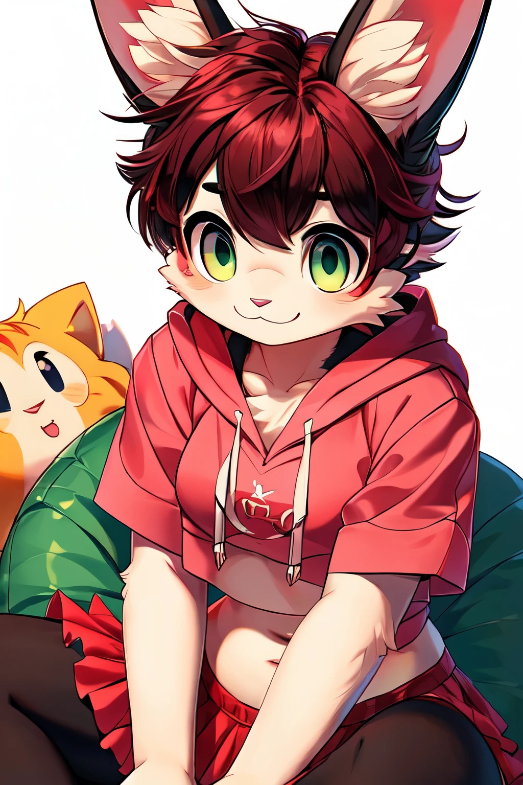 (8K、Highest image quality、highest quality、masterpiece)、detailed face、bunny girl, black & white fur、Panda fur、detailed fur、furry、rabbit ears、cat tails、((2 tails))、((1 girl))、red hair、short hair、wavy hair、asymmetric bangs、purple right eye, green left eye、cute smile、((determined))、、small breasts, ((Ruffled pink clothes))、off shoulder、((pink hoodie))、lesbian flag shirt、((crop top))、cute pose、cowboy shot、Take from below、sitting in beanbag chair