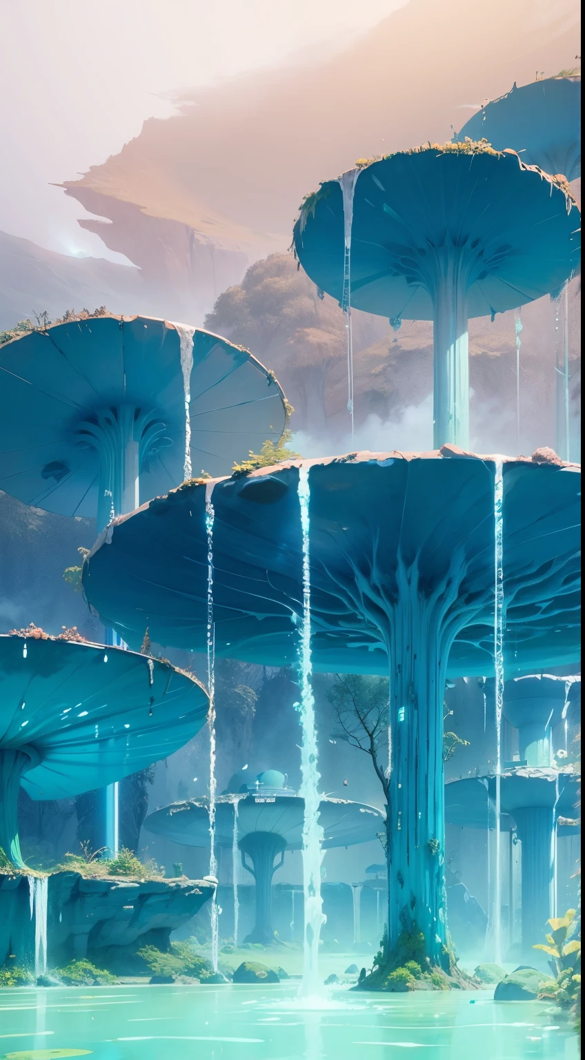 Falling Jade Pools, Natural Pools of jade flowing into one another, bioluminescent and surrounded by moss, Bioluminescent pools of light illuminating the alien landscape, Moss, geyser, jade pools, Turquoise and Green color scheme only, Turquoise and Green colors only, Turquoise and Green, Made in Abyss, Stormlight Archive, Studio Ghibli, Anime Key Visual, Anime Style, by Makoto Shinkai, Fantasy concept art, Deep Color, Intricate, 8k resolution concept art, Natural Lighting, Beautiful Composition, Xianxia style