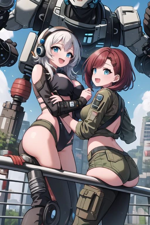 2 ragazze diverse viste da dietro,ass support,guardandole da dietro,large full ass,large full breasts,felice di stare con te,enorme culo,enormi tette,ultra-highres, ultra-detailed, best quality,perfect hands,2 ragazze,2 Titanfall 2 pilots uniform girls,hi-fi city background,2 girls,Titanfall 2 helmets,happy face,:D,2 girls