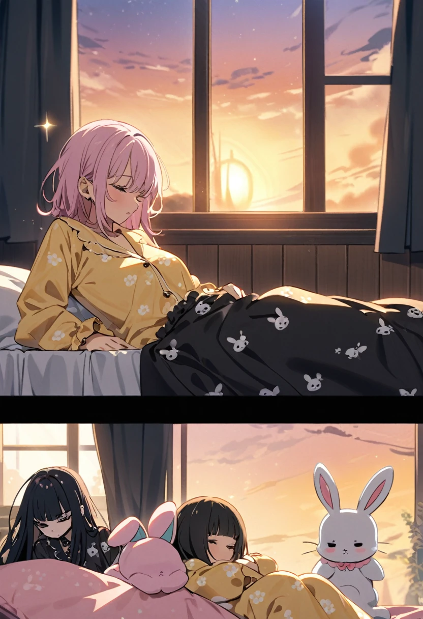 a goth women, black hair, wearing a black pajamas with little white skulls, and a girl with light pink hair, wearing a pastel yellow pajamas with small print of little pink rabbits, they are sleepy, bed, a window catching the sunset light