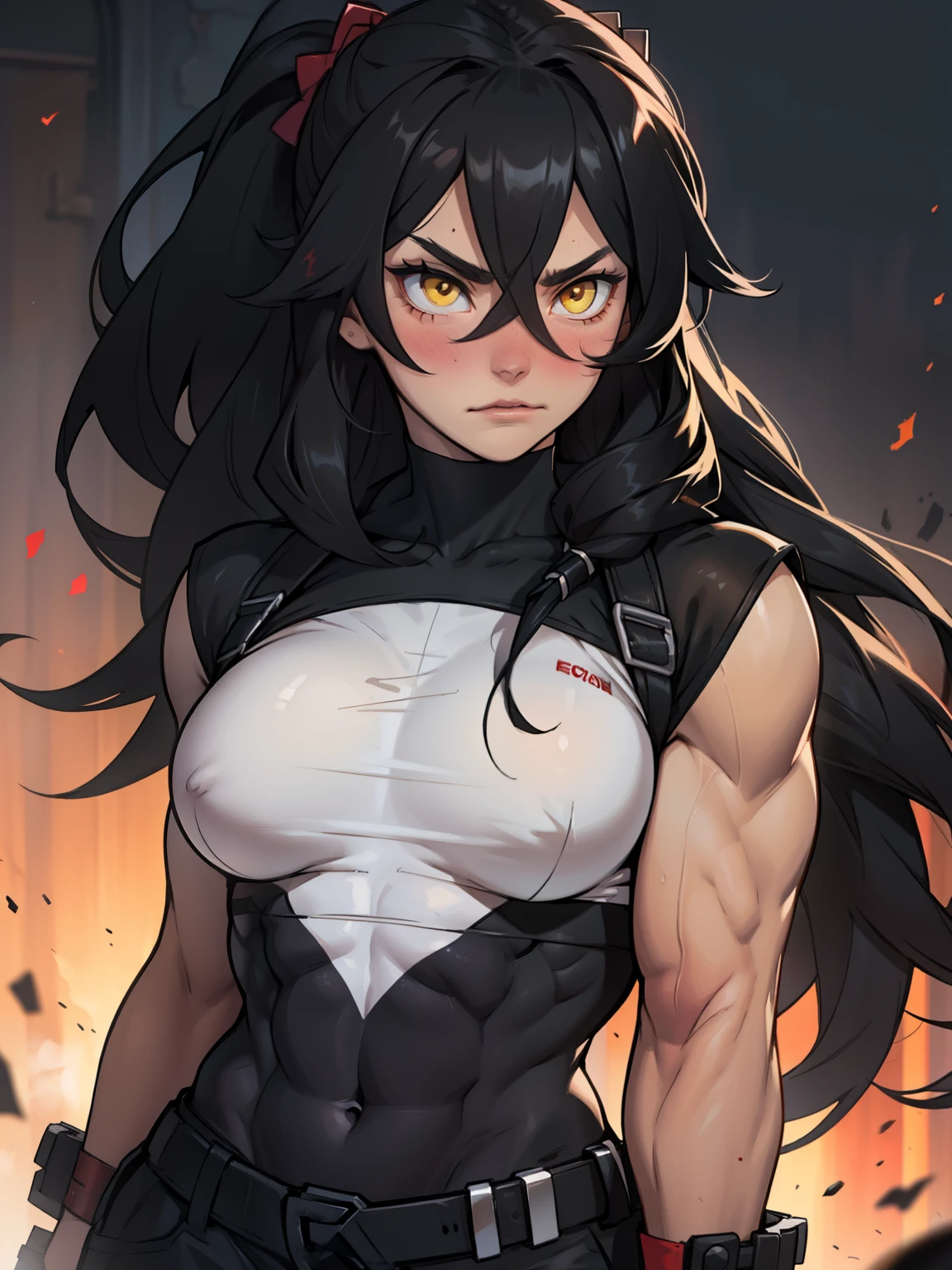 (((muscular girl))) angry blush very long hair black hair messy hair hair between eyes yellow eyes pale skin solo