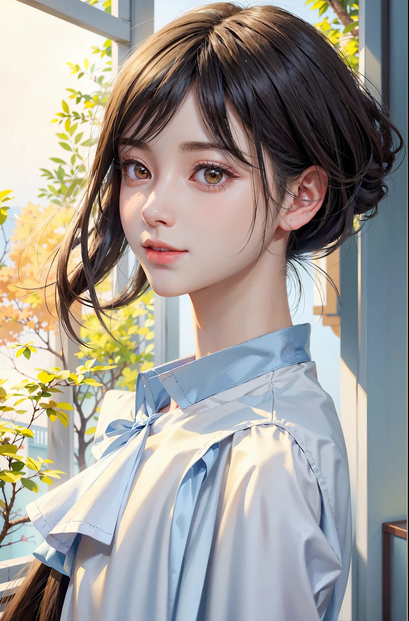 Anime girl in a yellow ribbon and white shirt, Smooth anime CG art, beautiful anime portrait, Detailed portrait of anime girl, portrait anime girl, realistic anime art style, stunning anime face portraits, cute realistic portrait, cute anime girl portrait, Created at Anime Artist Studio, digital anime illustration, realistic young anime girl, anime girl portrait, anime girl portrait