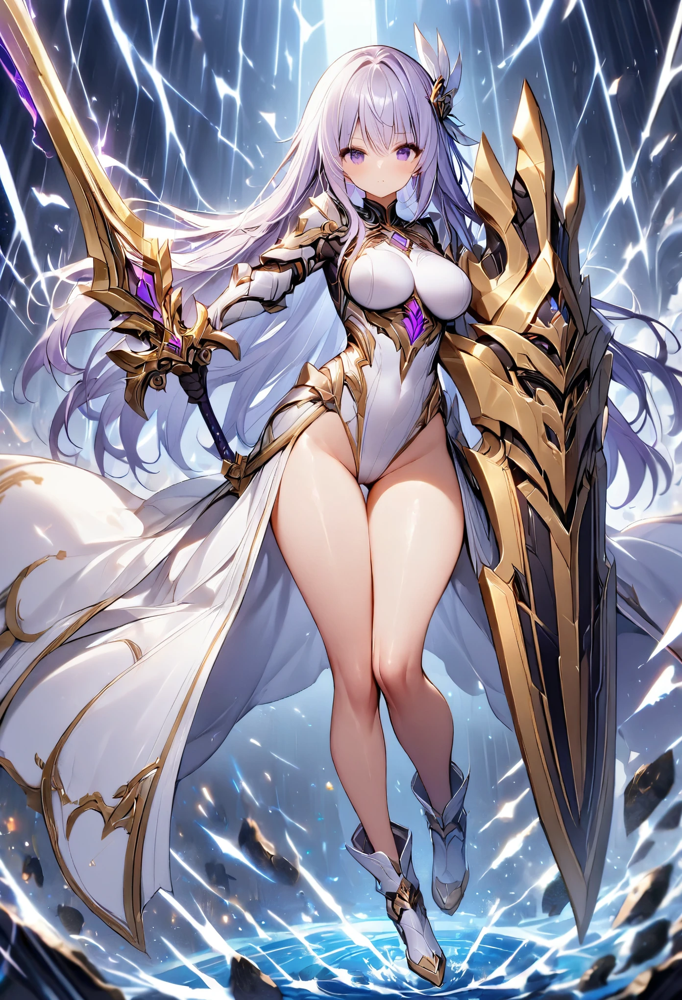 1girl has a tall figure and has is long, purple hair. She wears a white leotard, combined with black line elements. She wears a white hair ornament and carries an extremely large golden sword. bare legs, white boots, full body, purple eyes