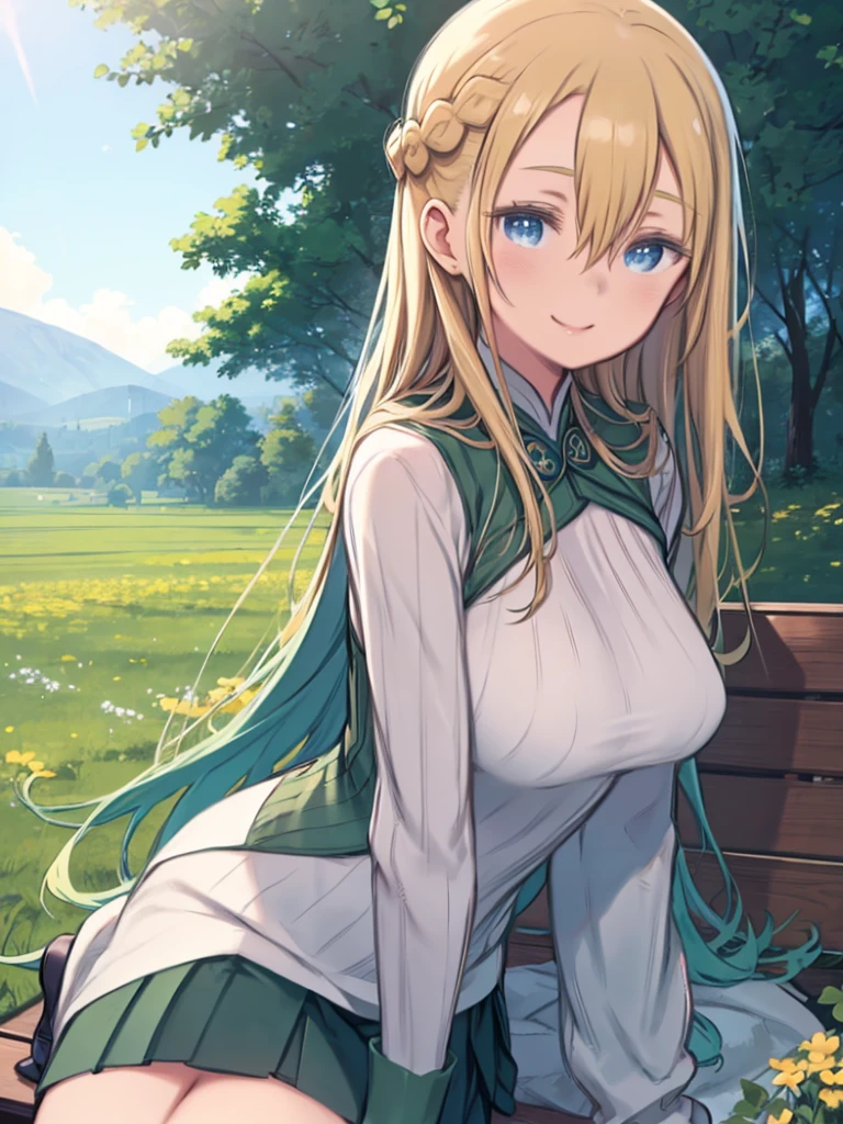 masterpiece, highest quality, Medium wide shot、cowboy shot、 1 mature woman、(mint, blue eyes, braid、long blonde hair、hair between eyes)、big breasts、Green Lip Sweater、Green uniform, long sleeve、sit on a bench、smiling、tilting the head、Flower field in the background、blue sky、