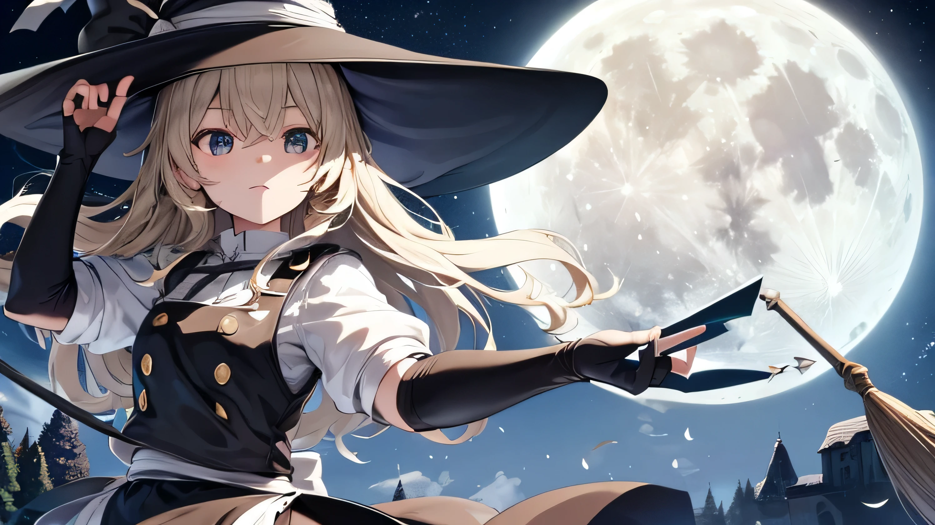 Marisa Kirisame flying with her broom while in the background is seen a dense florest with a big full moon in the sky, high quality, 4k quality, detailed face, landscape, dark colors, witch hat, black and white outfit, big skirt, fingerless gloves