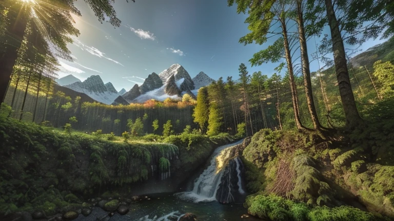 mountain range in the background, forest with lush species of trees ahead, watercourse with waterfalls, photography, wide-angle lens, golden hour of day light, light reflections between vegetation, correct lens distortion