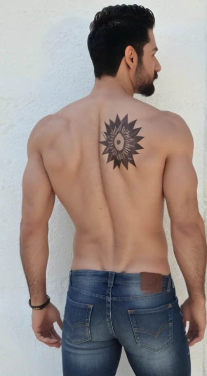 Hombre varonil con barba, cuerpo musculoso, piel morena, cuerpo completo con jeans sin camisa. Backside