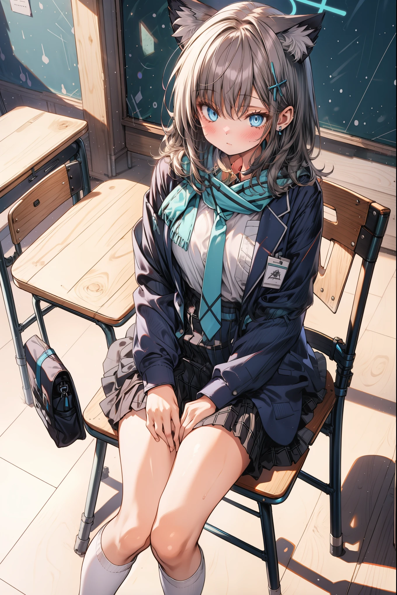 (masterpiece, best quality) ,(high resolution,weak outline),(textile shading), BREAK ((1girl)), shiroko \(blue archive\), BREAK (breast cleavage, beautifuly shaped breasts), BREAK ((beautiful eyes)), BREAK (((School classroom background, stands, wide view, sits on the chair))), BREAK ((blush on the face, embrassed)), ((cat ears)), ((full body shot)), BREAK white_shirt, looking_at_viewer, animal_ear_fluff, plaid_skirt, school_uniform, halo, open_jacket, school_bag, blue_jacket, long_sleeves, pleated_skirt, shoulder_bag, blue_necktie,blue_scarf,