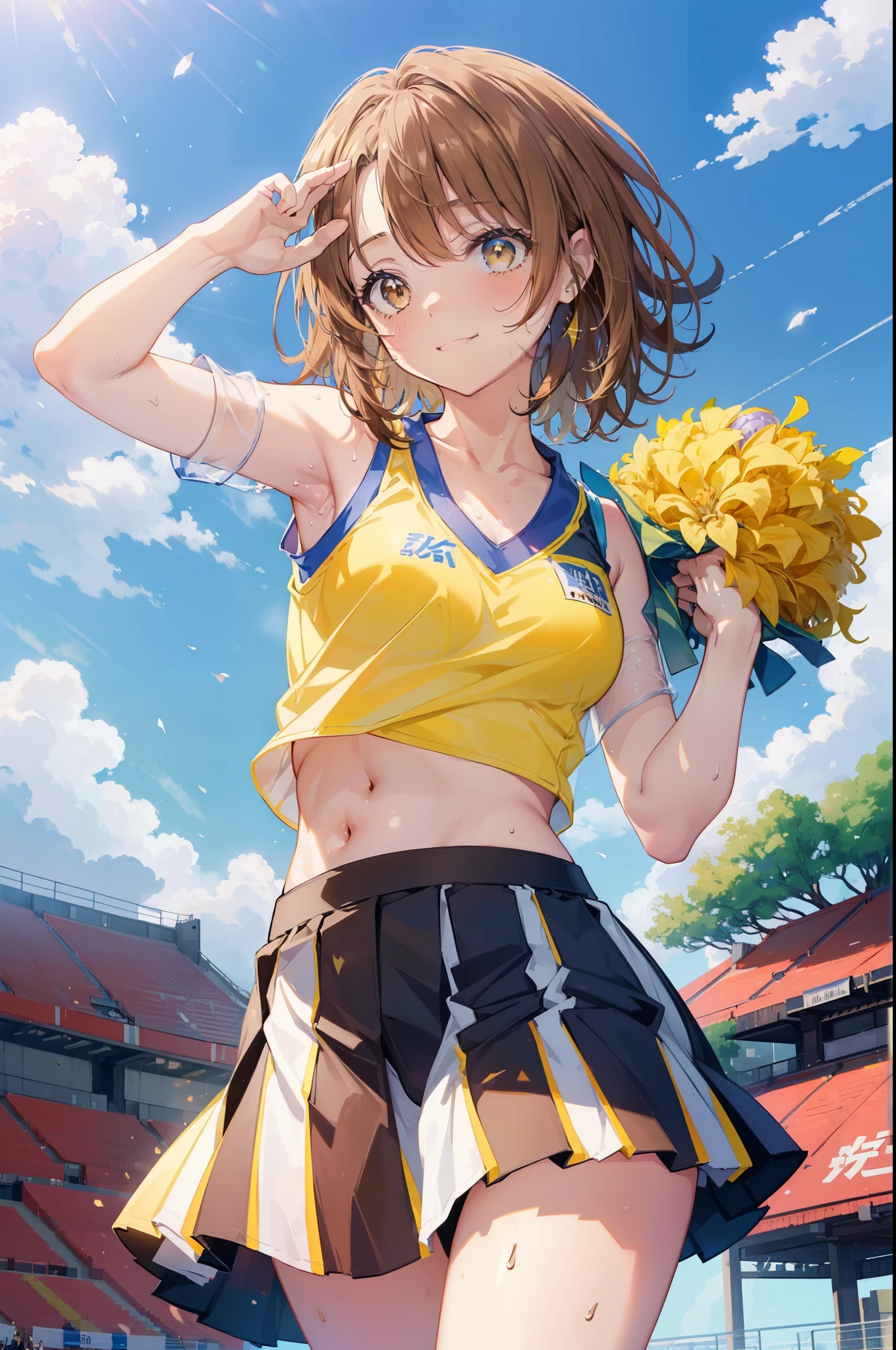 irohaisshiki, iroha isshiki, short hair, brown hair, (brown eyes:1.5), smile,happy smile, smile, open your mouth,(cheer leading), (whole body), big breasts, lower, (sweaty), sweaty Wet Clothes, (yellow clothes),Yellow pleated skirt,sneakers , Navel support, playground, (jump), (jump), 足を曲げてjumpする, air, blue sky, Grass原, smile
チアリーダー, pom pom \(cheer leading\), Grass, smile,
break outdoors,stadium,
break looking at viewer,(cowboy shot:1.5),
break (masterpiece:1.2), highest quality, High resolution, unity 8k wallpaper, (figure:0.8), (detailed and beautiful eyes:1.6), highly detailed face, perfect lighting, Very detailed CG, (perfect hands, perfect anatomy),