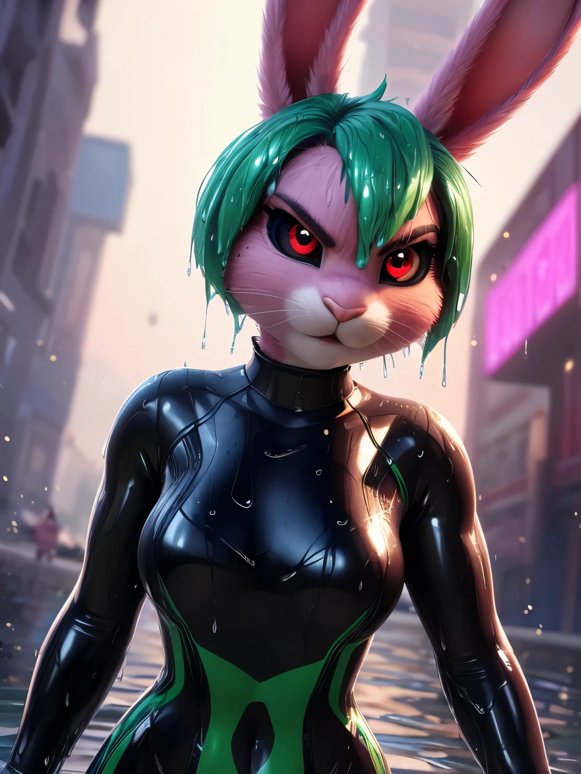 (by pixelsketcher:0.6), (by personalami :0.6),female,rabbit, background, (cinematic lighting:1.1), (perfect focus:1.1), 8k hd, photo, (detailed eyes:1.2),depth of field, bokeh, subsurface scattering, very small breasts ,(neoprene suit, very tight suit,neckline, navel), bright colors, (furry detail:1.3), simple background, white background, single color background, photorealistic, ultra realistic,smile,(fluffy:1.3), furry, buff, (realistic fur:1.1), (extreme fur detail:1.2),((Green hair, short hair,punk style hair)),((Pink skin, pink fur)),((rabbit tail)),3d pixar style,(((Black Sclera:1.5, red eyes))),Rabbit ears,Pink bunny ears,((angry, furious)),sexy legs,(((wet fur, wet, soaked,,water particles))),((full body,sexy legs)),((beautiful eyes, pixar style eyes)),((small in stature, short))