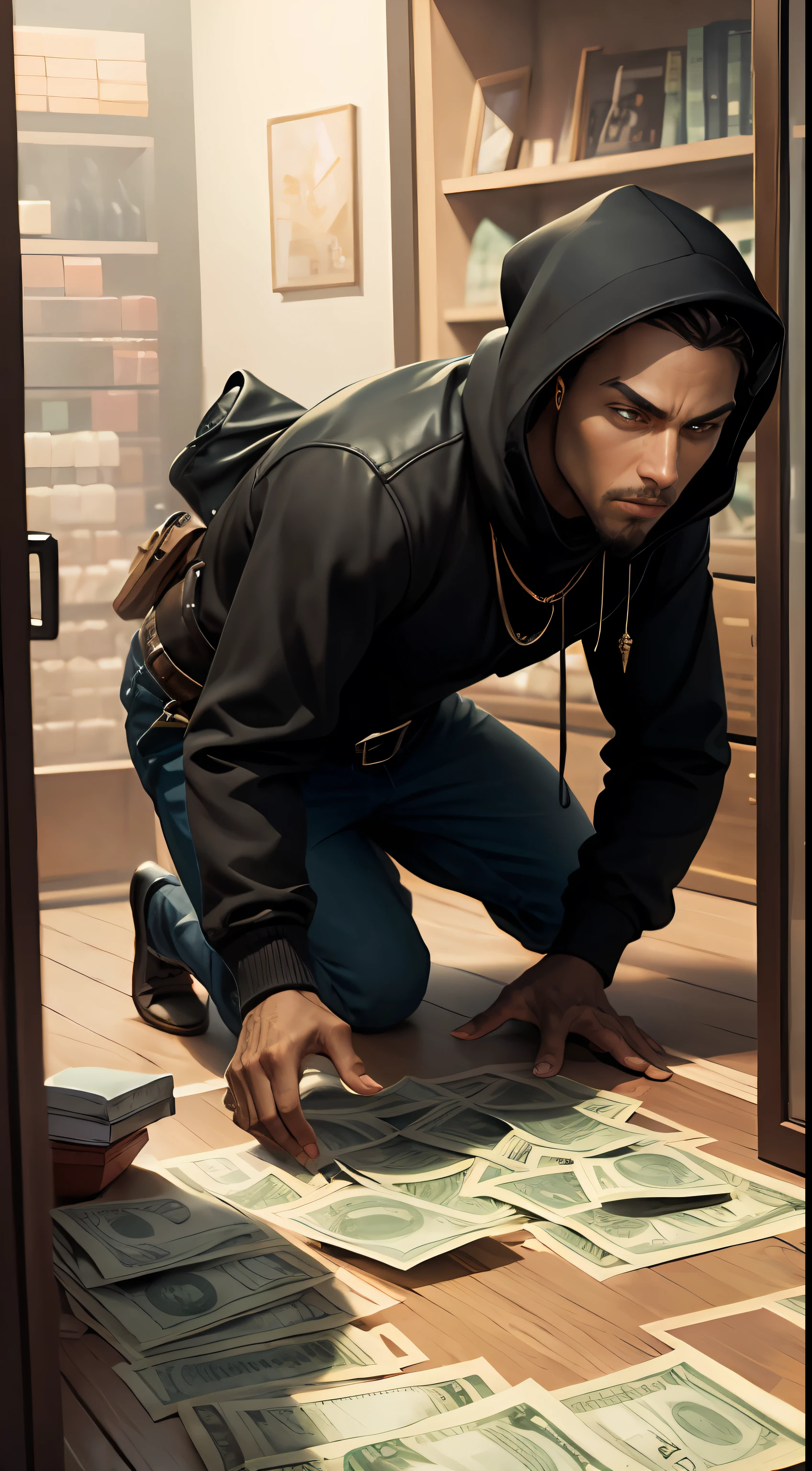 A thief or burglar stealing, manipulation, stealing, jewelry store. Dollar bills background