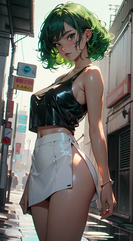 girl youtuber,(((1girl))),((extremely cute and beautiful green curly-haired girl)),

(short breasts:1.4),big butt,(((green curly hair:1.35,very curly hair,colored inner hair,ear breathing,short hair))),(((green_eyes:1.3))),intricate eyes,beautiful detailed eyes,symmetrical eyes,big eyes:1.3,((fat)),(((lustrous skin:1.5,bright skin: 1.5,skin tanned,shiny skin,very shiny skin,shiny body,plastic glitter skin,exaggerated shiny skin,illuminated skin,wet legs))),detailed body,(detailed face),

cute,slutty,seductive,erotic,(((nsfw))),

zettai ryouiki,revealing clothing,show skin,((rave mini-skirt,visible thong straps,white loose tank top with an anime art print)),((wet clothes,intricate outfit,intricate clothes)),

(dynamic pose:1.0),embarrassed,(centered,scale to fit dimensions,Rule of thirds),

cyberpunk city by the ocean at night, with bright neon signs and dark stormy clouds and puddles, scenery:1.25,

artistic photography,(photography taken by sldr),highres, sharp focus, (ultra detailed, extremely detailed), (photorealistic artwork:1.37),(extremely detailed CG unity 8k wallpaper),((synthwave background theme)),(((vibrant colors))),(intricate background),(masterpiece),(best quality),